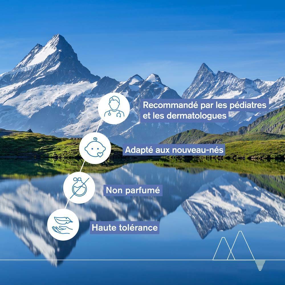Paysage avec montagnes et lac. Pictogrammes: Pour nouveau-nés, sans parfum, haute tolérance.