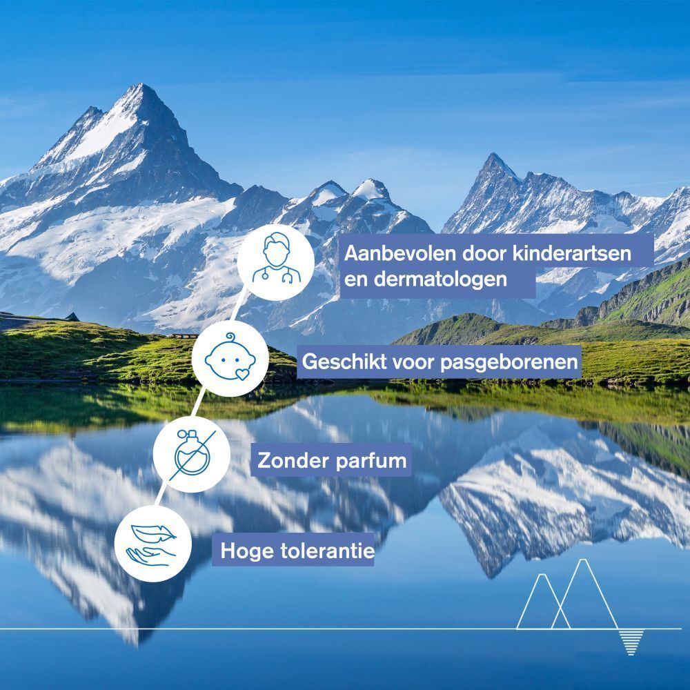 Landschap met bergen en meer. Pictogrammen: Voor pasgeborenen, zonder parfum, hoge tolerantie.