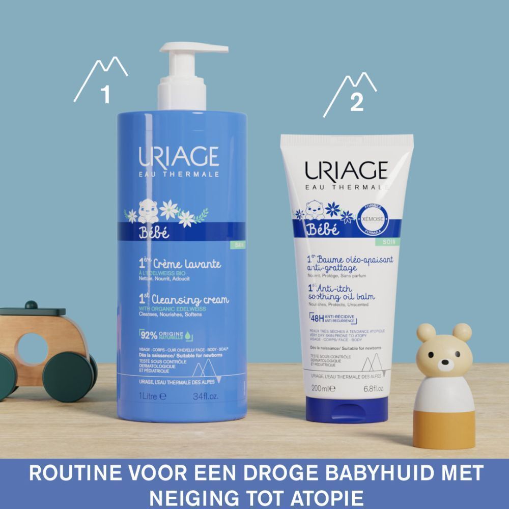 Twee producten: Uriage Bébé 1er Crème lavante en 1er Baume oléo-apaisant. Speelgoed.