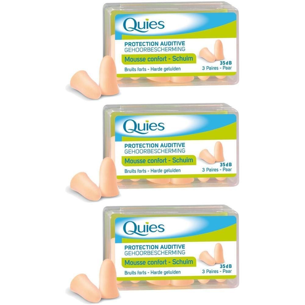 Drie dozen oordopjes. Elke doos bevat drie paar. Merk: Quies. Tekst: Protection Auditive, Mousse confort.