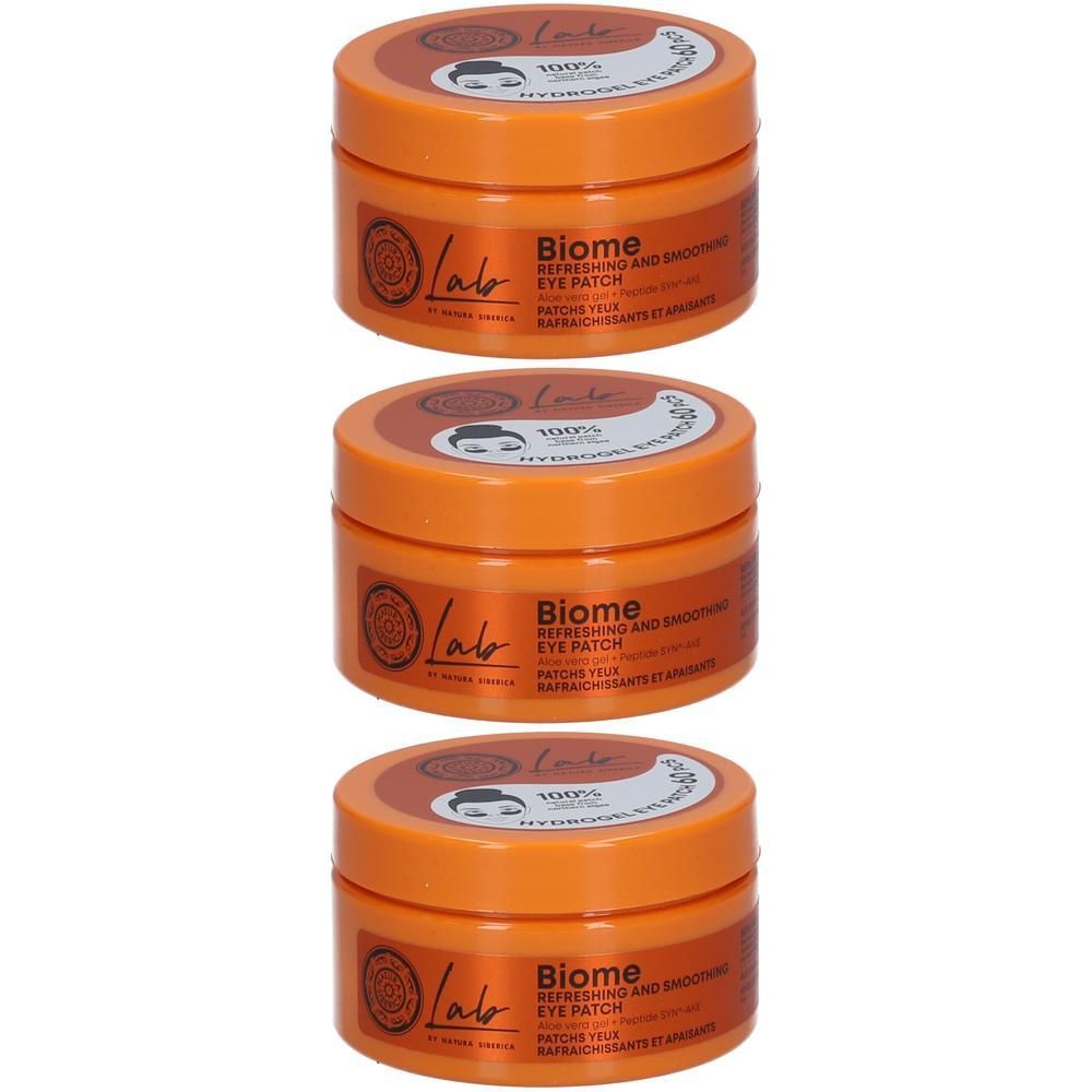 Drie oranje potjes met deksels. Op elk potje staat "Biome Eye Patch".