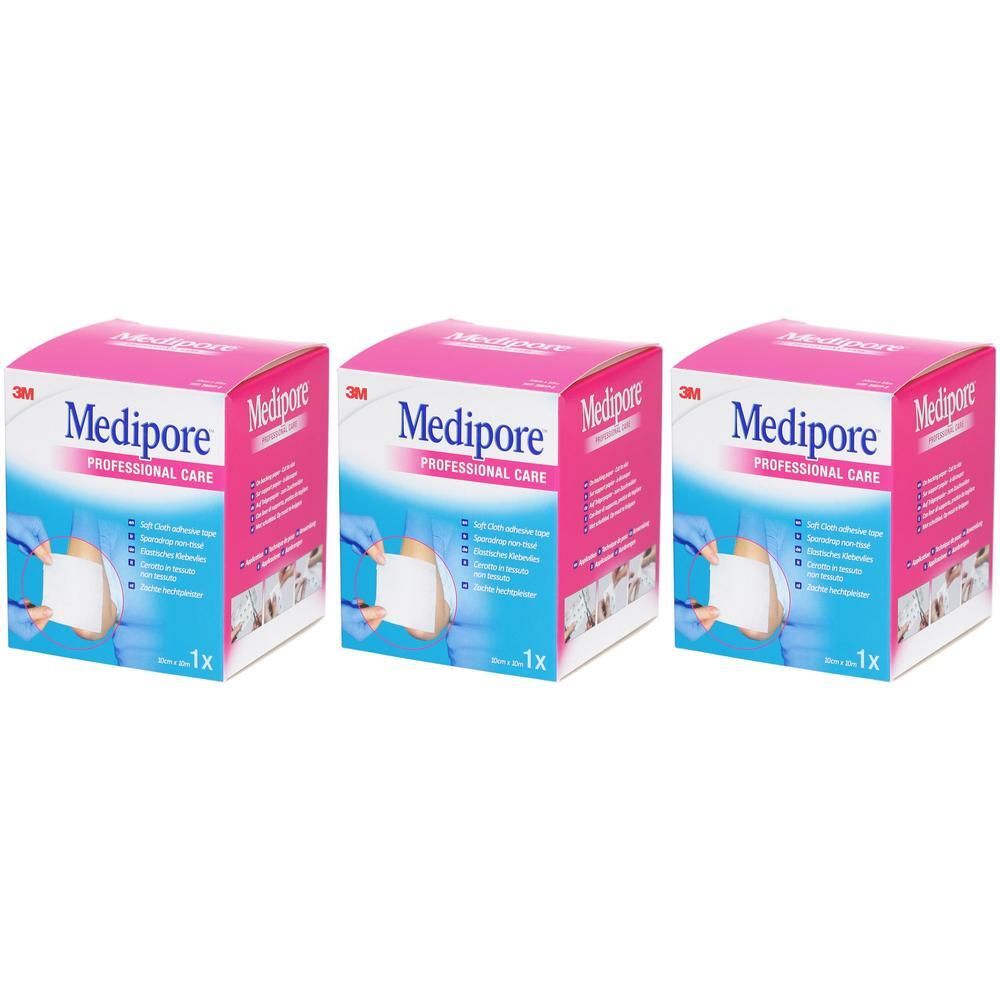 Drie Medipore-verpakkingen, roze en wit. Op elke verpakking staat "Medipore PROFESSIONAL CARE" en "1x".