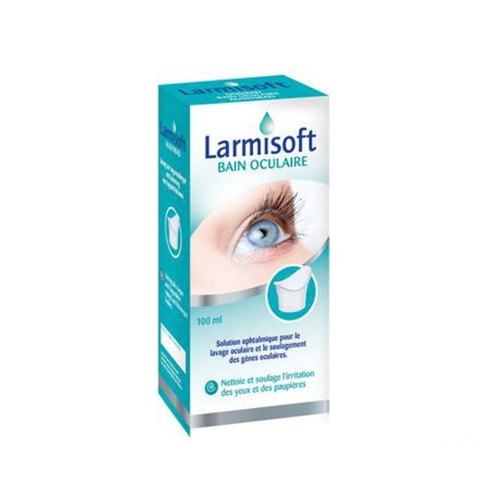 Boîte turquoise et blanche Larmisoft Bain Oculaire. Illustration d'un œil et d'un récipient. Contenance 100 ml.