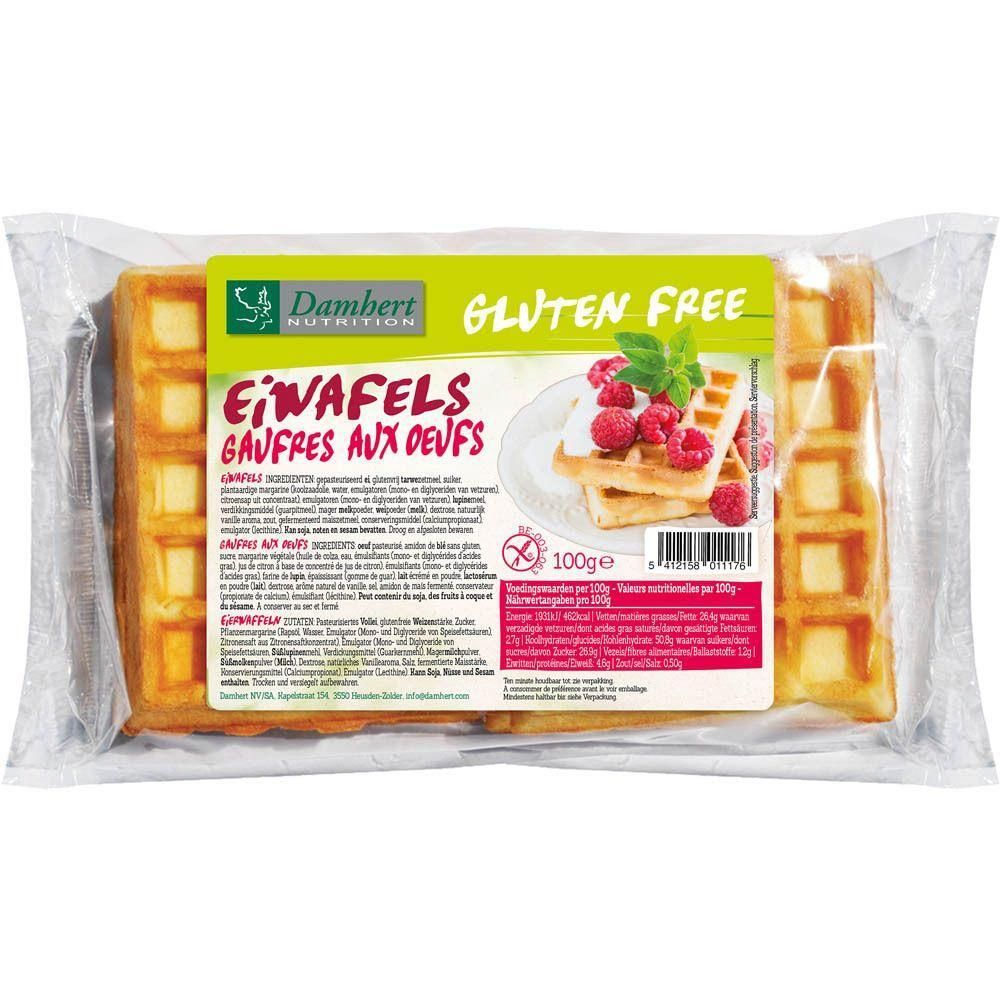 Paquet de gaufres sans gluten. Inscription: Damhert Nutrition, Ei-Wafels, Gaufres aux oeufs. Indication 100g et logo sans gluten.