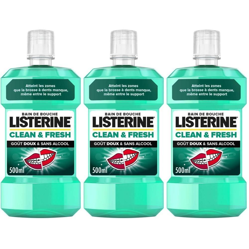 Trois flacons de Listerine Clean & Fresh sans alcool, 500ml. Liquide vert, bouchon blanc, étiquette verte.