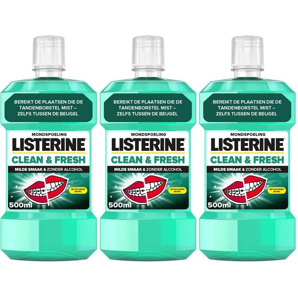 Drie flessen Listerine Clean & Fresh zonder alcohol, 500ml. Groene vloeistof, witte dop, groen etiket.