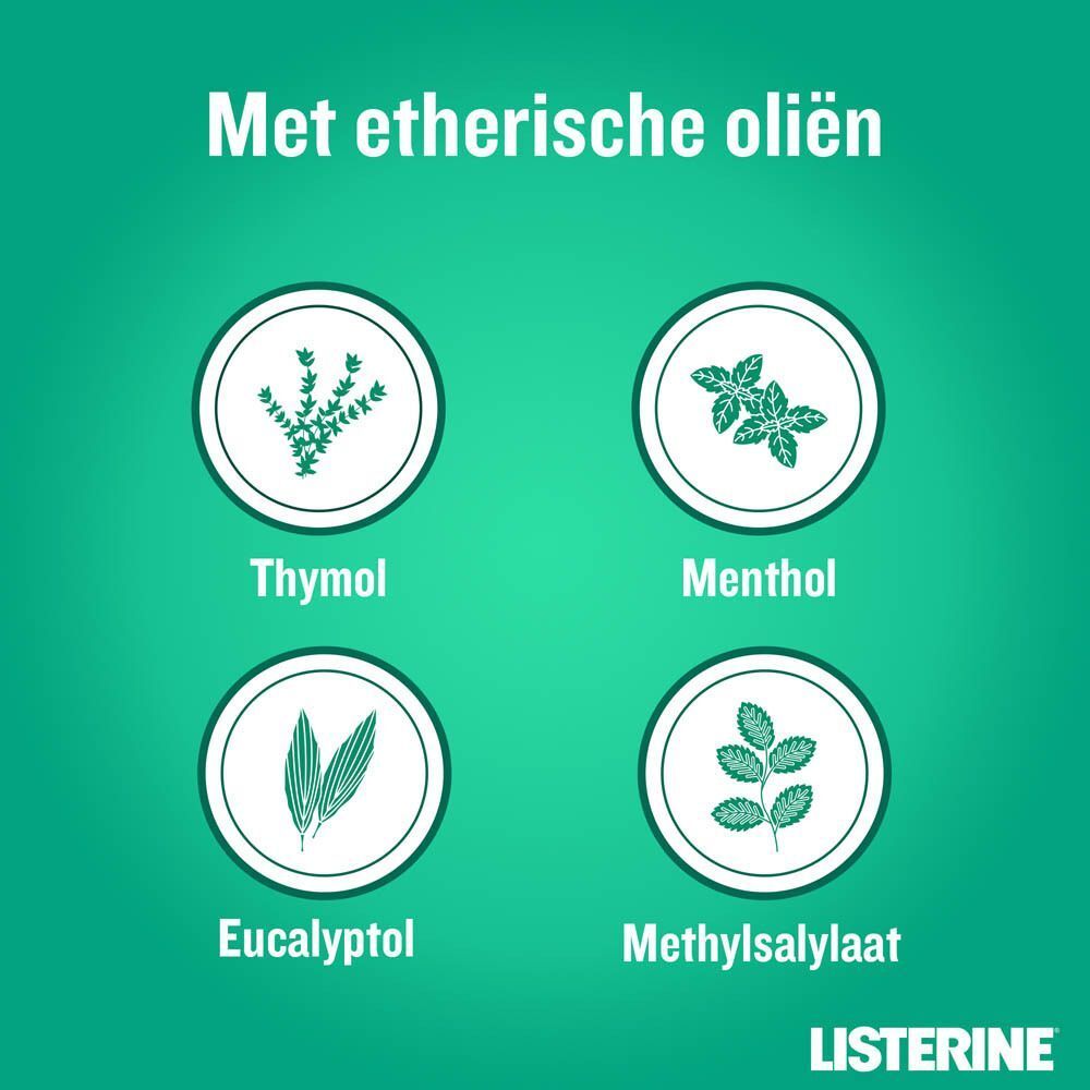 Vier cirkels met kruiden: Tijm, Pepermunt, Eucalyptol, Methylsalicylaat. Listerine logo rechtsonder.