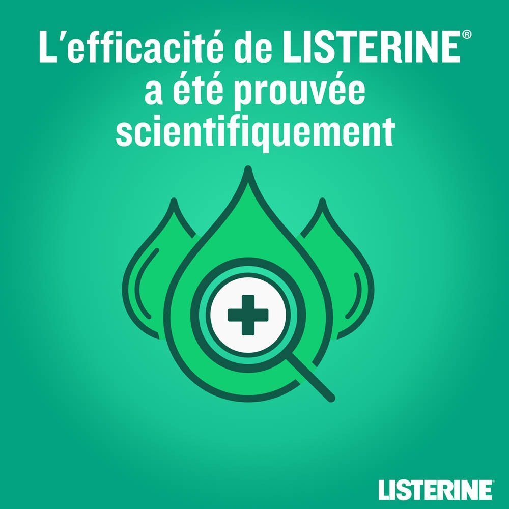Trois gouttes vertes avec loupe et signe plus. Texte : L'efficacité de Listerine a été prouvée scientifiquement.
