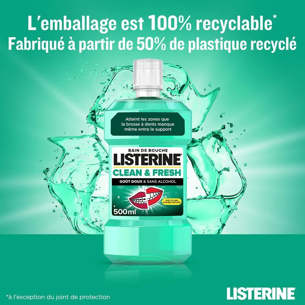 Bouteille Listerine Clean & Fresh, 500ml, devant symbole recyclage. Texte : L'emballage est 100% recyclable.