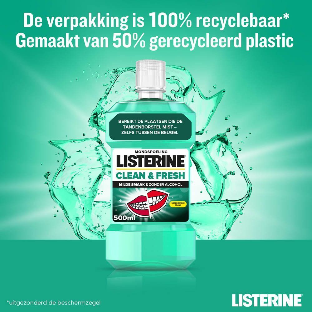 Listerine Clean & Fresh fles, 500ml, voor recycling symbool. Tekst: De verpakking is 100% recyclebaar.