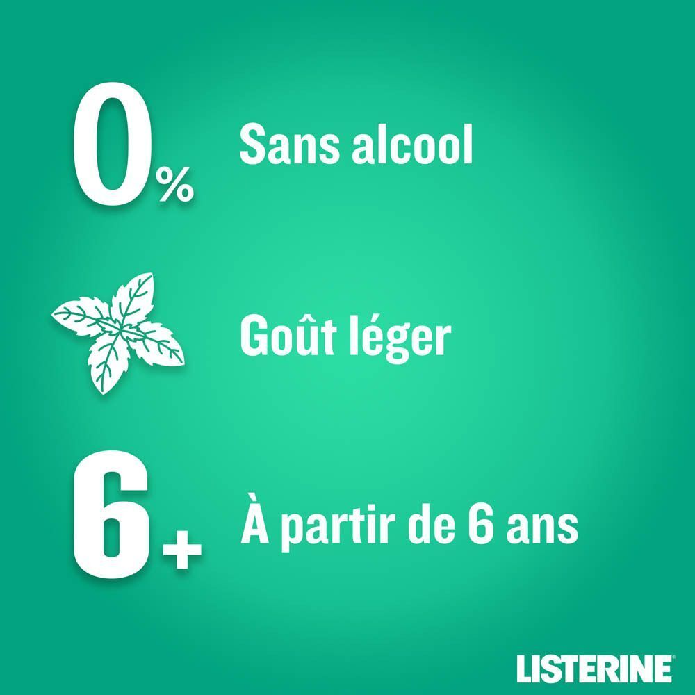 Texte : 0% sans alcool, Menthe, 6+ ans. Logo Listerine. Fond vert.