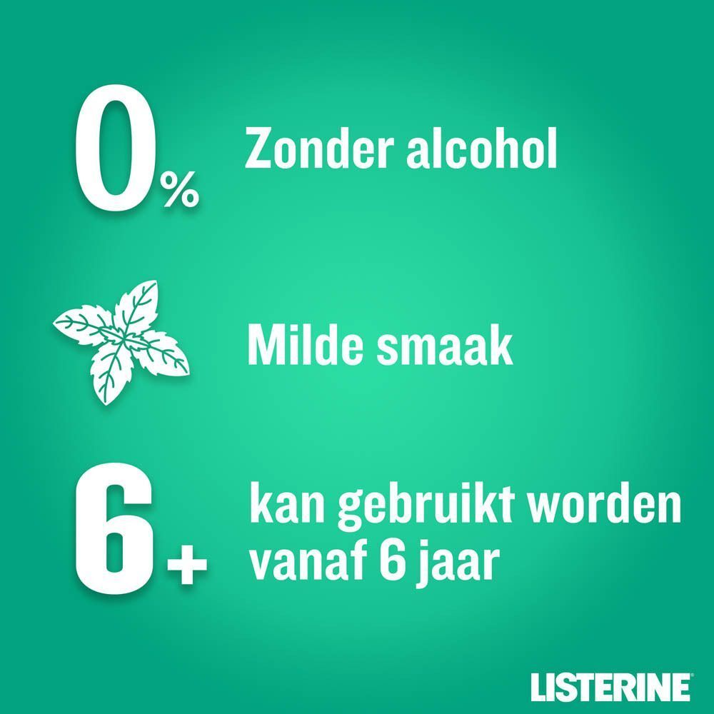 Tekst: 0% zonder alcohol, Milde smaak, 6+ jaar. Listerine logo. Groene achtergrond.