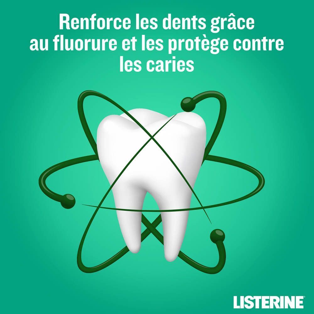 Dent avec lignes vertes. Texte : Renforce les dents grâce au fluorure et les protège contre les caries.