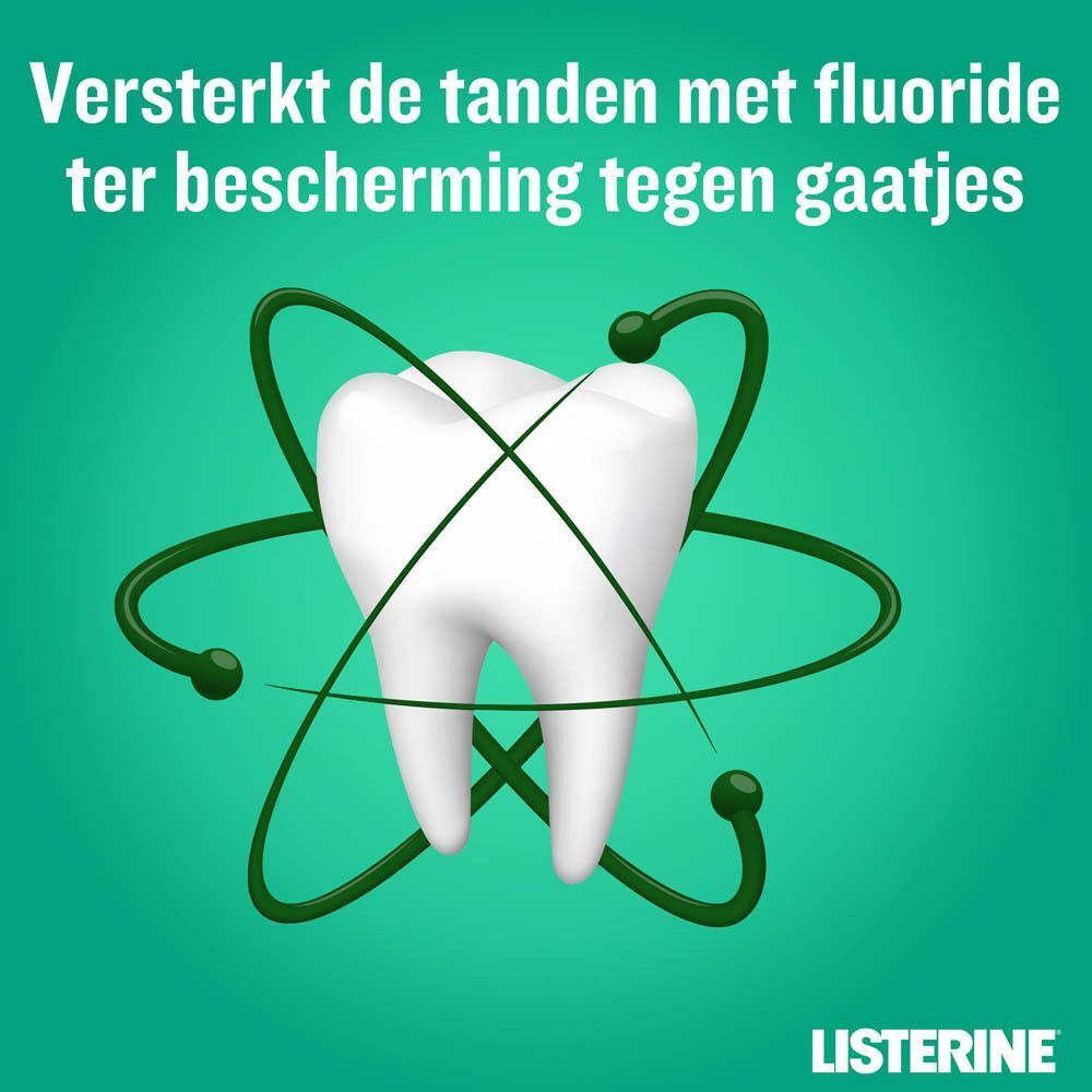 Tand met groene lijnen. Tekst: Versterkt de tanden met fluoride ter bescherming tegen gaatjes.