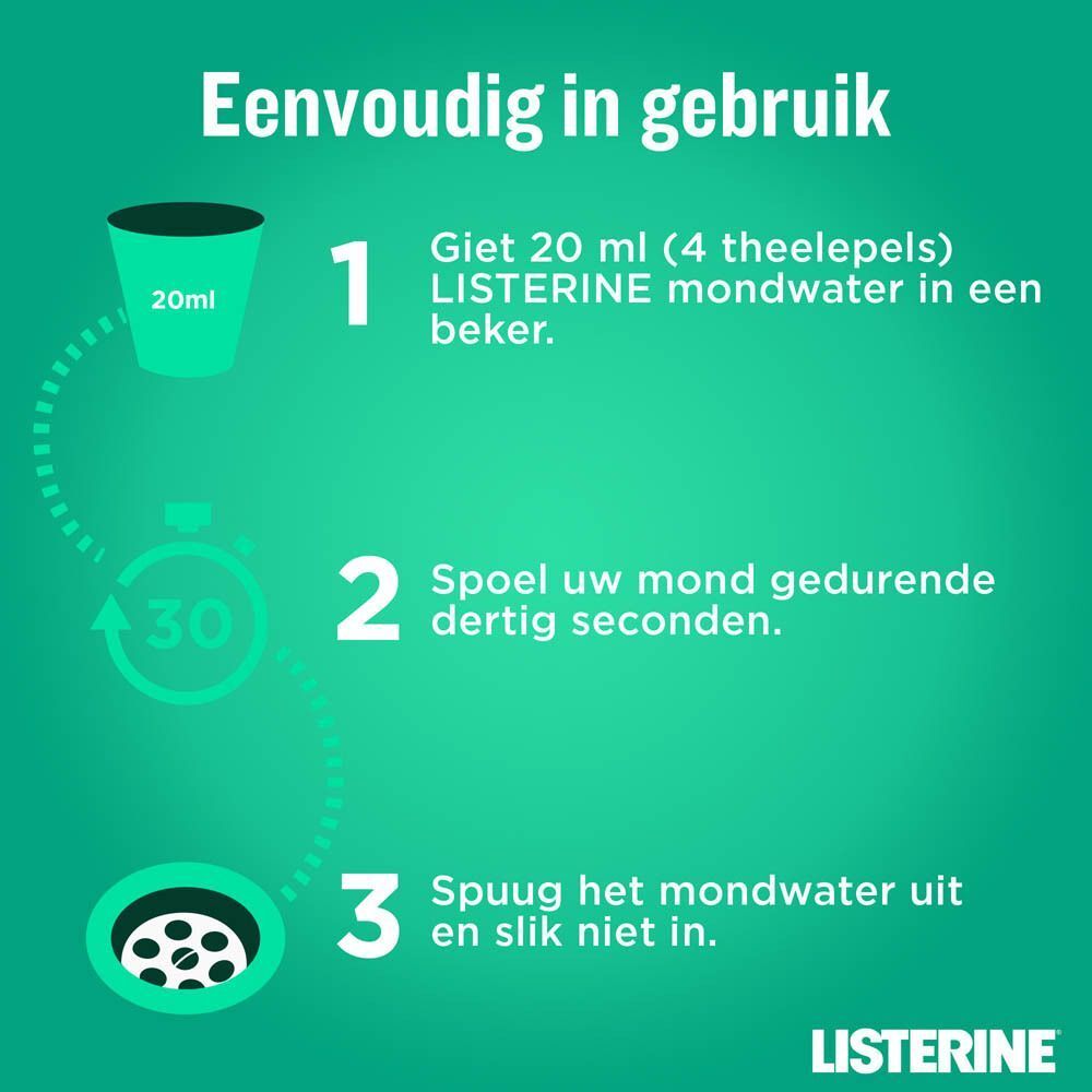 Instructies: 20ml Listerine in glas, 30 seconden spoelen, uitspugen. Groene achtergrond.