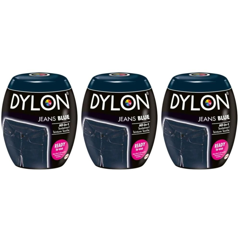 Trois boîtes de teinture Dylon Jeans Blue. Chaque boîte affiche une image de jean et l'inscription "READY to use".