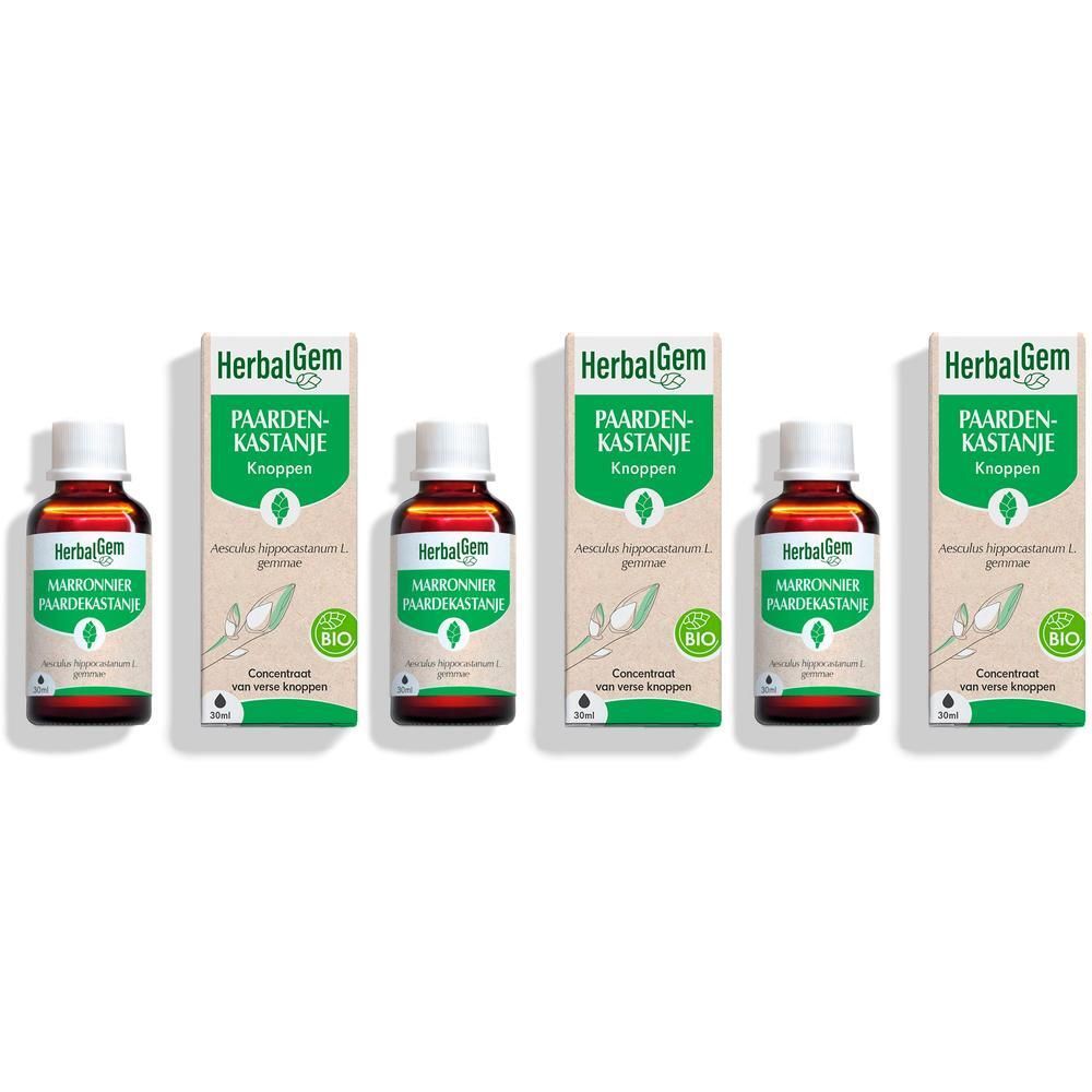 Meerdere flessen en verpakkingen van HerbalGem Marronnier Bio. Flessen met witte dop en etiket.