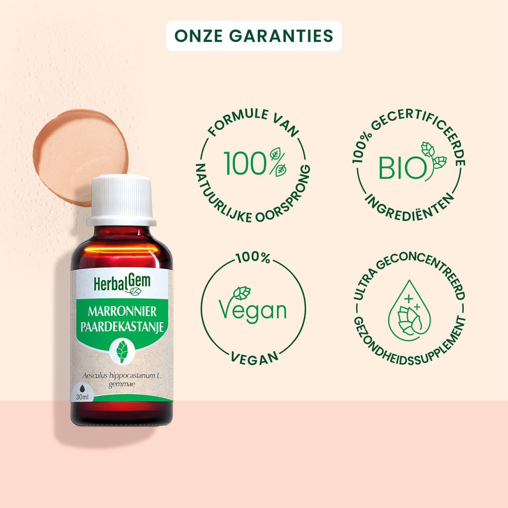 Fles HerbalGem Marronnier Bio met Bio-label, Vegan-label en andere certificeringen.