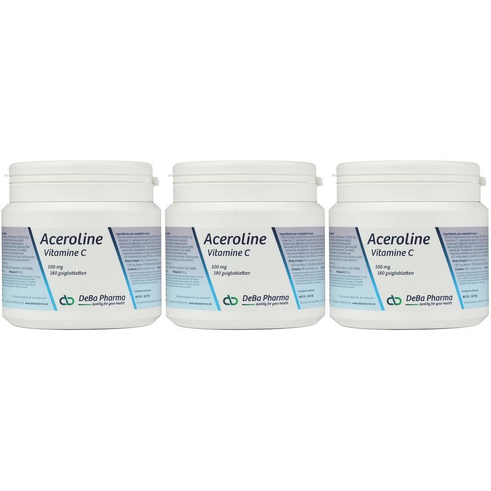 Drie witte potten met de tekst Aceroline Vitamine C. Het logo van DeBa Pharma is zichtbaar op de potten.