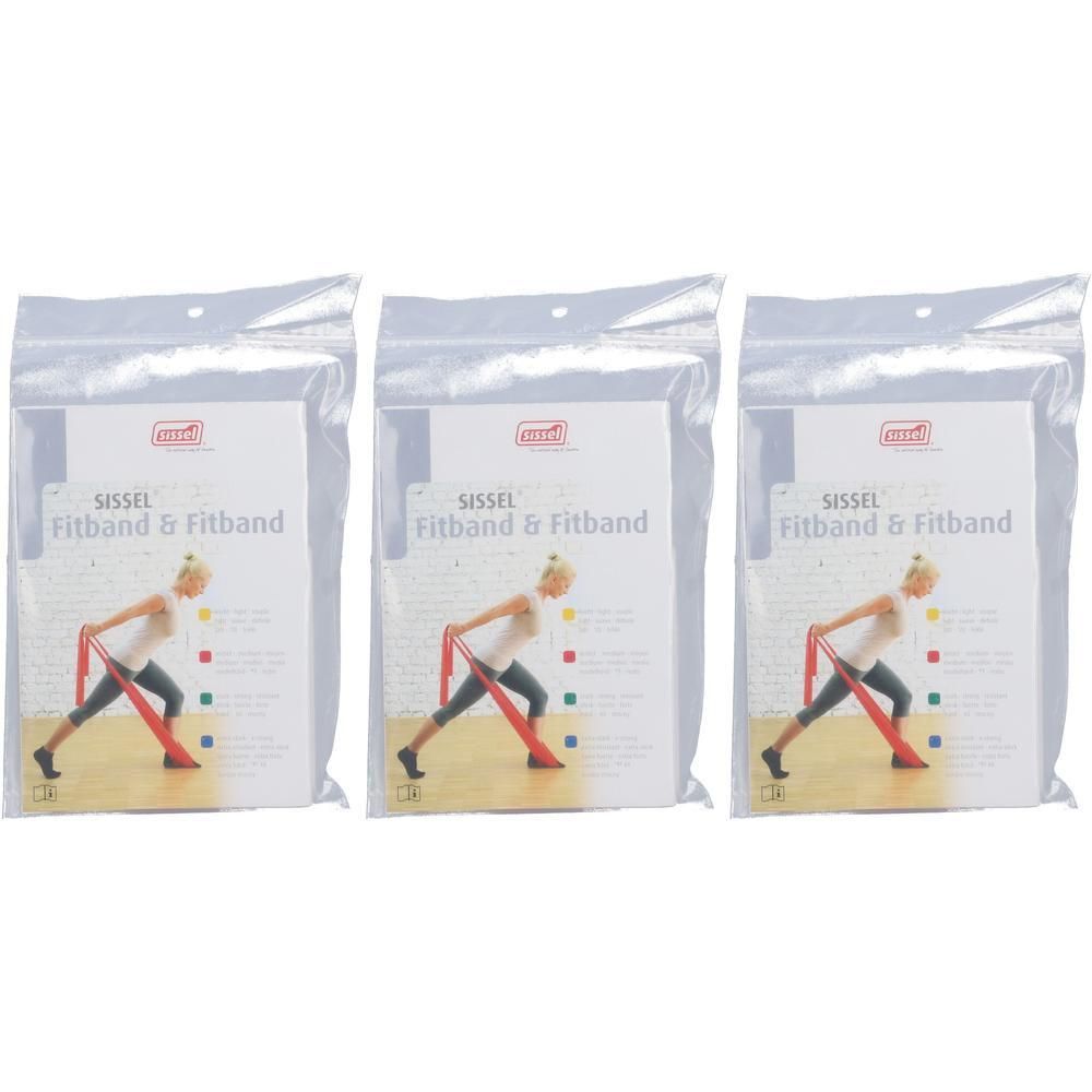 Drie verpakkingen van Sissel Fitband. Elke verpakking toont een rode fitnessband en een vrouw die oefeningen doet. Opschrift: Sissel Fitband & Fitband.