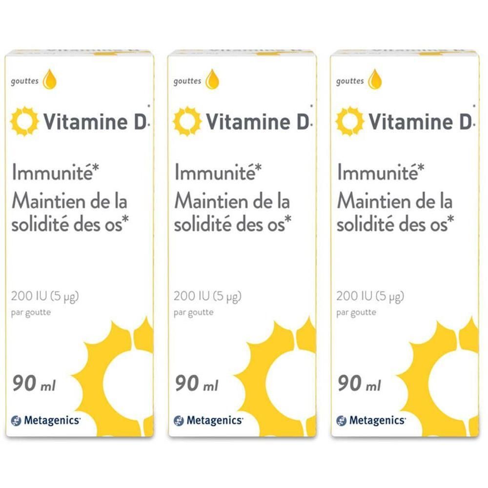 Trois flacons de Vitamine D3 Liquid. Inscription: Immunité, Maintien de la solidité des os. 200 UI (5 µg) par goutte. 90 ml.