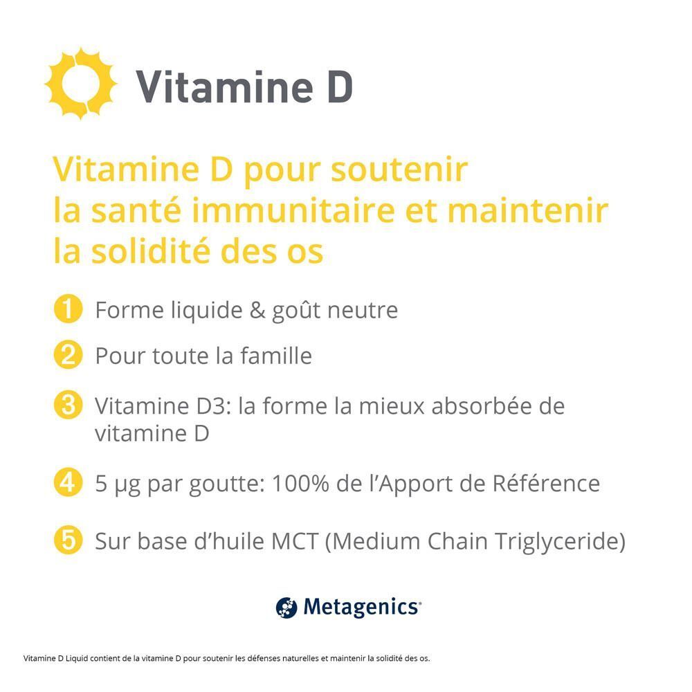 Texte avec des informations sur la vitamine D. Forme liquide & goût neutre. Pour toute la famille. Vitamine D3: la forme la mieux absorbée de vitamine D.