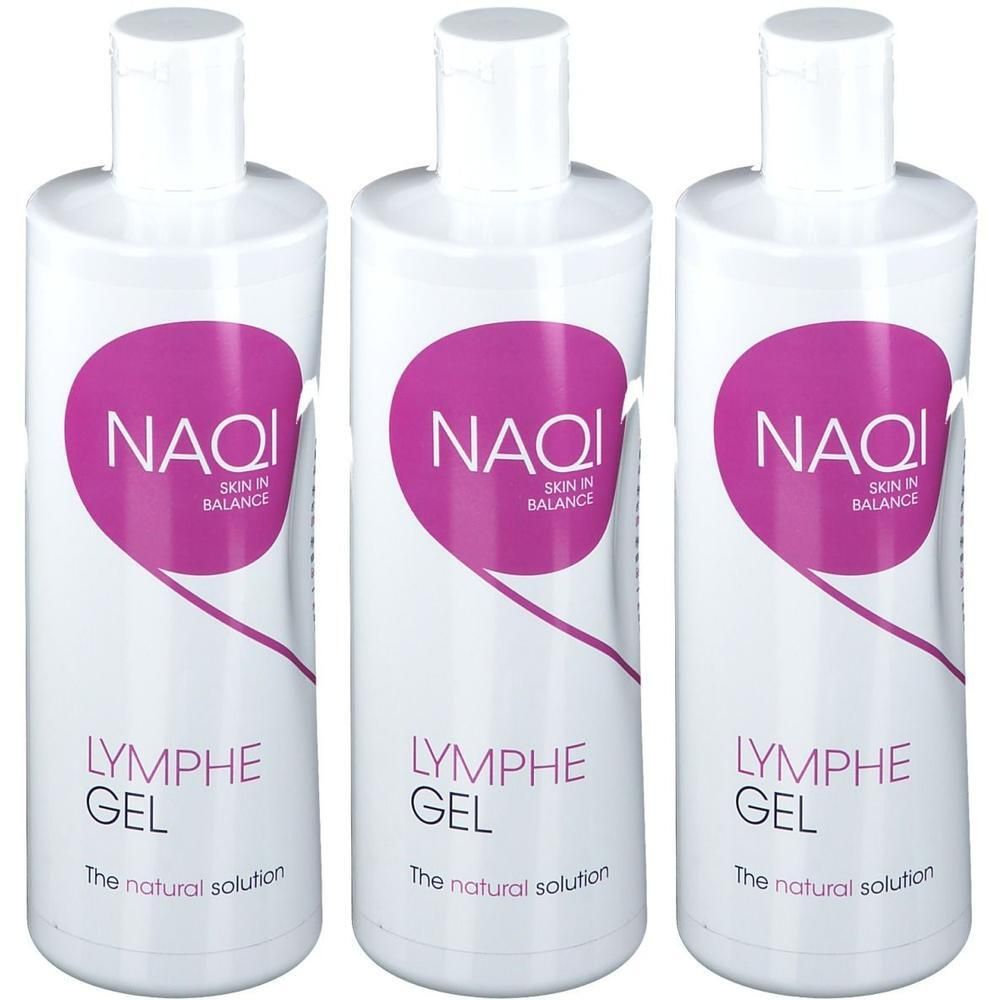 Drie witte flessen met roze etiketten. Op de etiketten staat NAQI, LYMPHE GEL en de toevoeging 'The natural solution'.