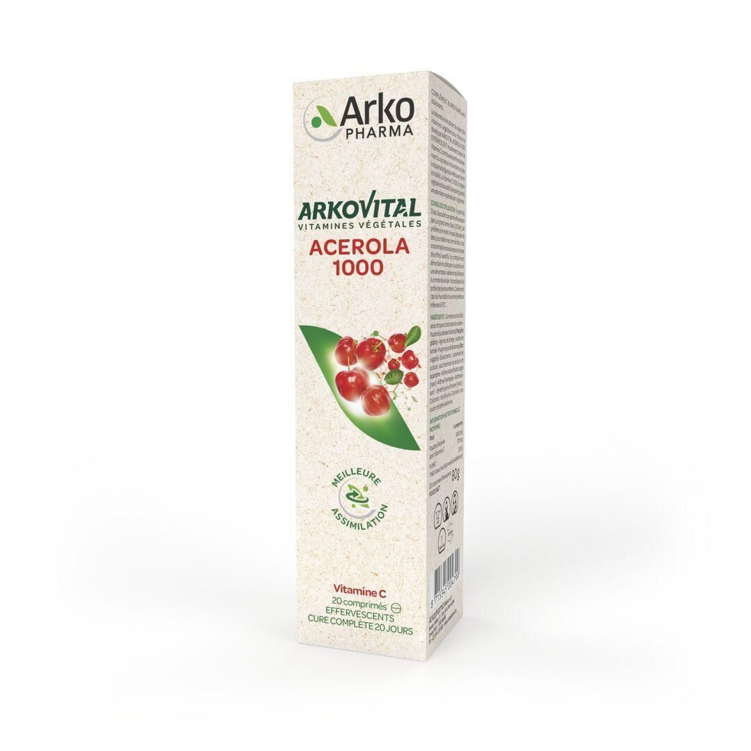 Boîte Arkovital Acérola 1000 + Vitamine C. Illustration de fruits. Contient 20 comprimés effervescents.