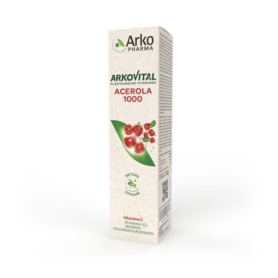 Verpakking Arkovital Acérola 1000 + Vitamine C. Afbeelding van fruit. Bevat 20 bruistabletten.