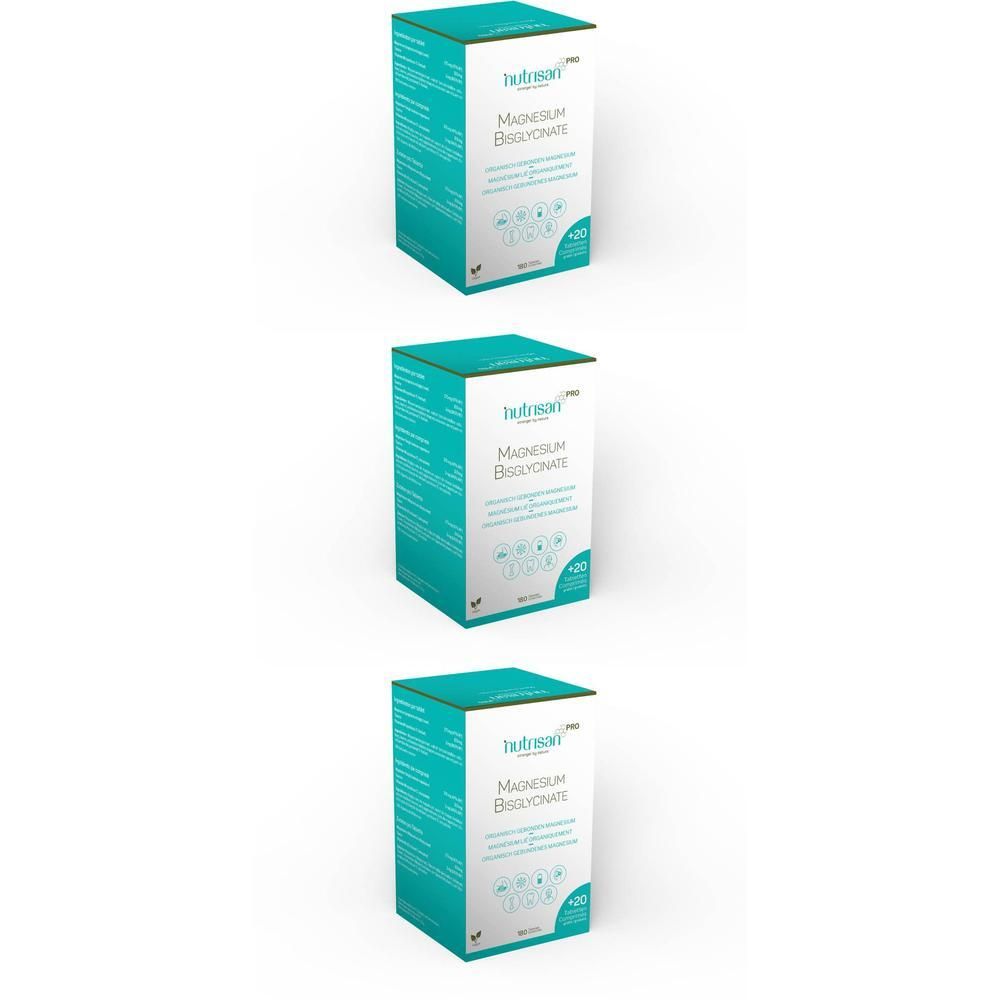 Drie turquoise rechthoekige dozen. Voorkant met "NutrisanPro Magnesium Bisglycinate". Logo linksboven. Groen symbool rechtsonder.