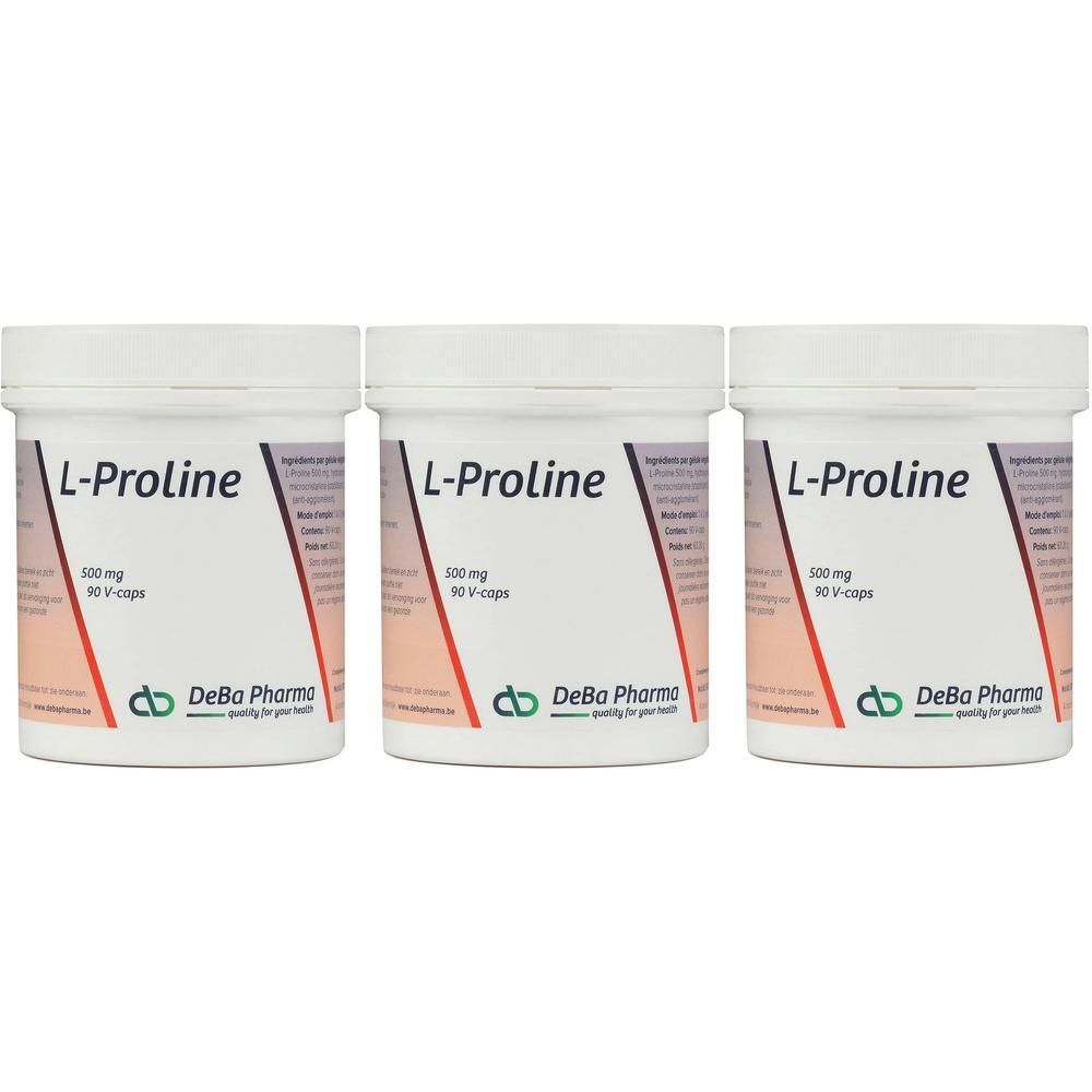 Drie witte potten met de tekst "L-Proline". Op elke pot staat "DeBa Pharma". 