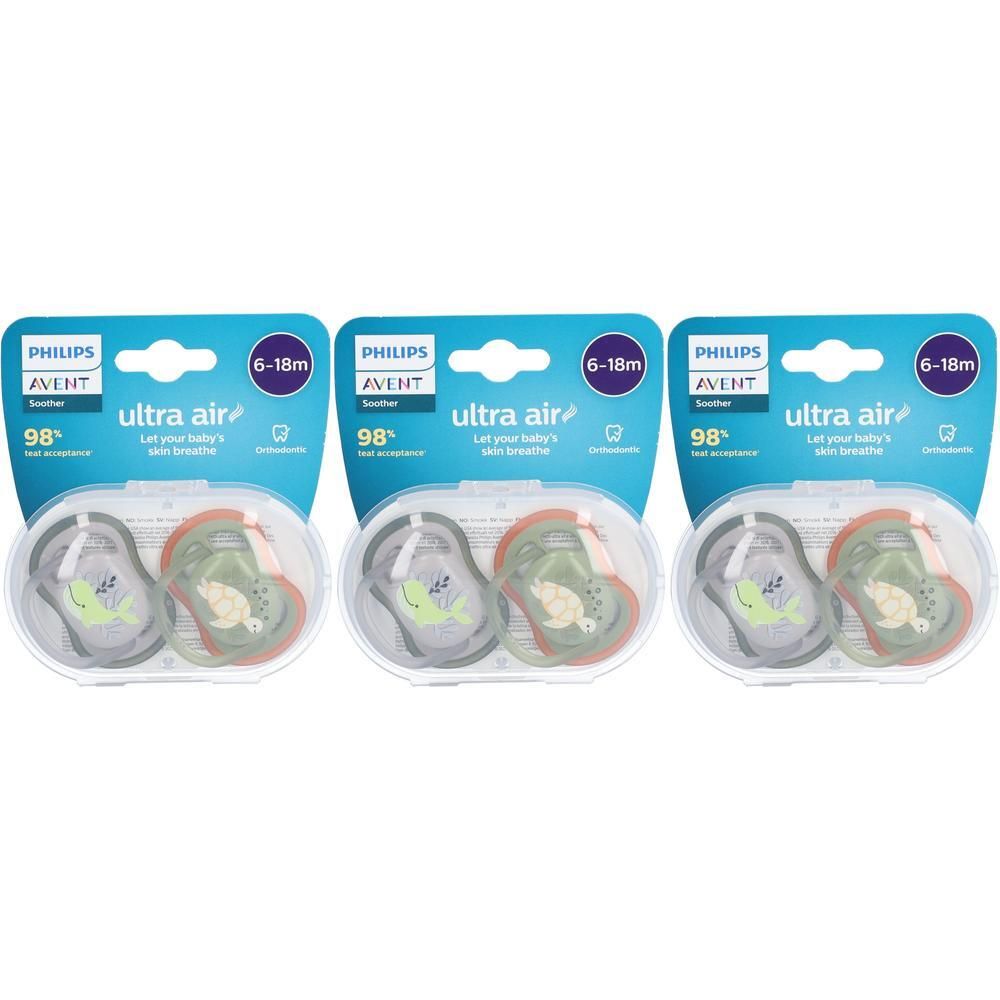 Drie verpakkingen Philips Avent Ultra Air fopspenen. Elke verpakking bevat twee fopspenen voor baby's van 6-18 maanden. Zichtbaar: merk, leeftijd.