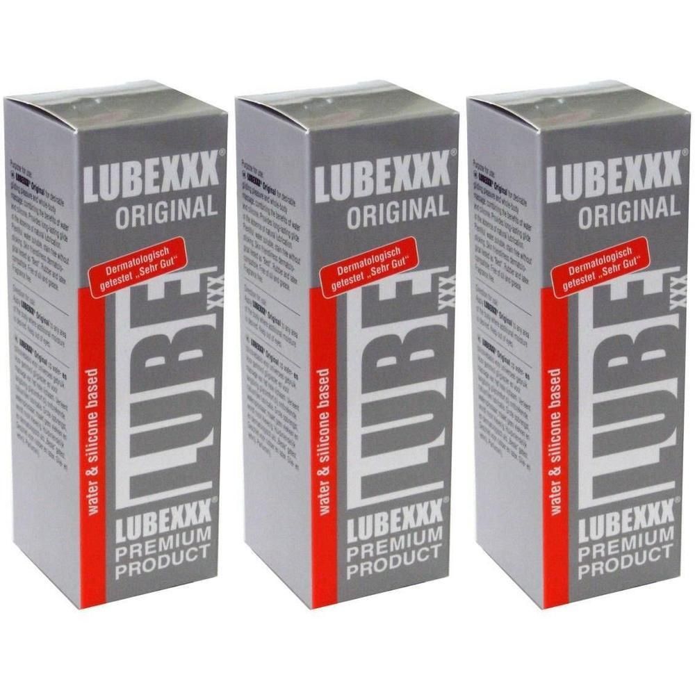 Trois boîtes grises avec texte rouge. Inscription: LUBEXXX ORIGINAL, testé dermatologiquement, à base d'eau et de silicone. Produit Premium.