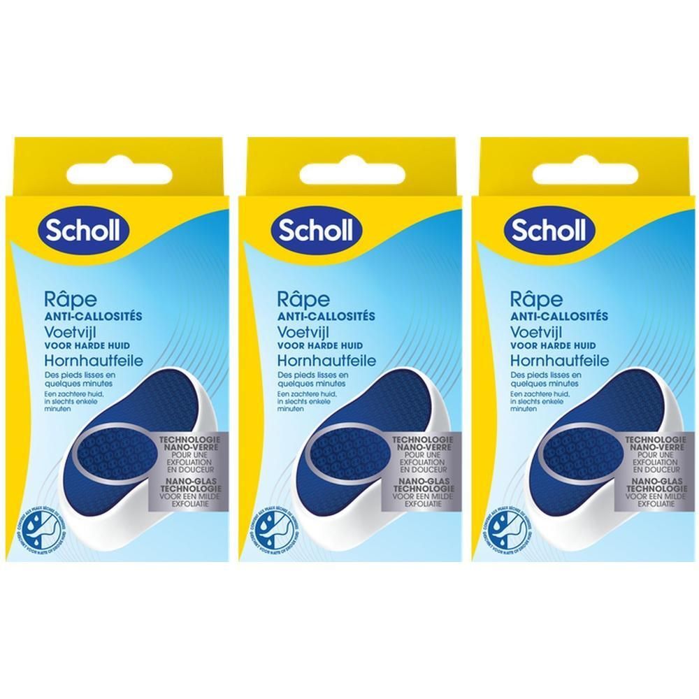 Drie verpakte Scholl anti-eeltvijlen. Blauwe en witte vijl op blauwe achtergrond. Gele ophanger.