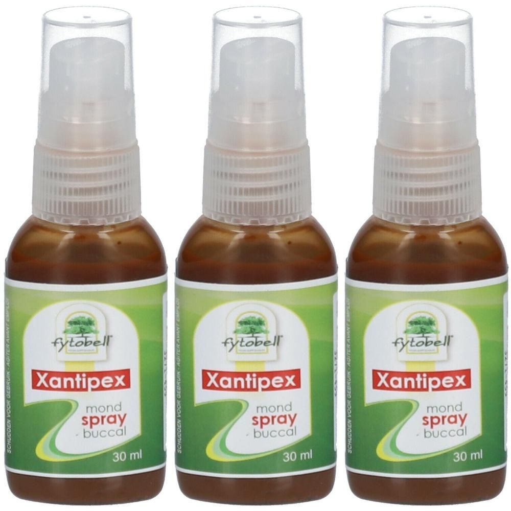 Trois flacons pulvérisateurs contenant un liquide brun. Les étiquettes indiquent "Xantipex mond spray buccal" et "30 ml".