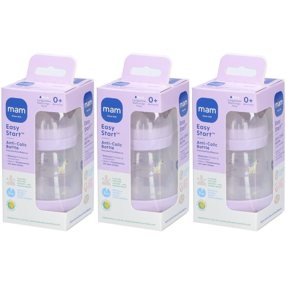 Drie babyflessen in paarse verpakkingen. Op de verpakkingen staat "mam Easy Start Anti-Colic Bottle" en "0+".