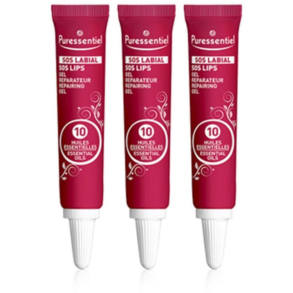 Drie tubes SOS Labial Gel Reparateur. Rode tubes met witte punt. Tekst: Puressentiel, SOS Labial, 10 Huiles Essentielles.