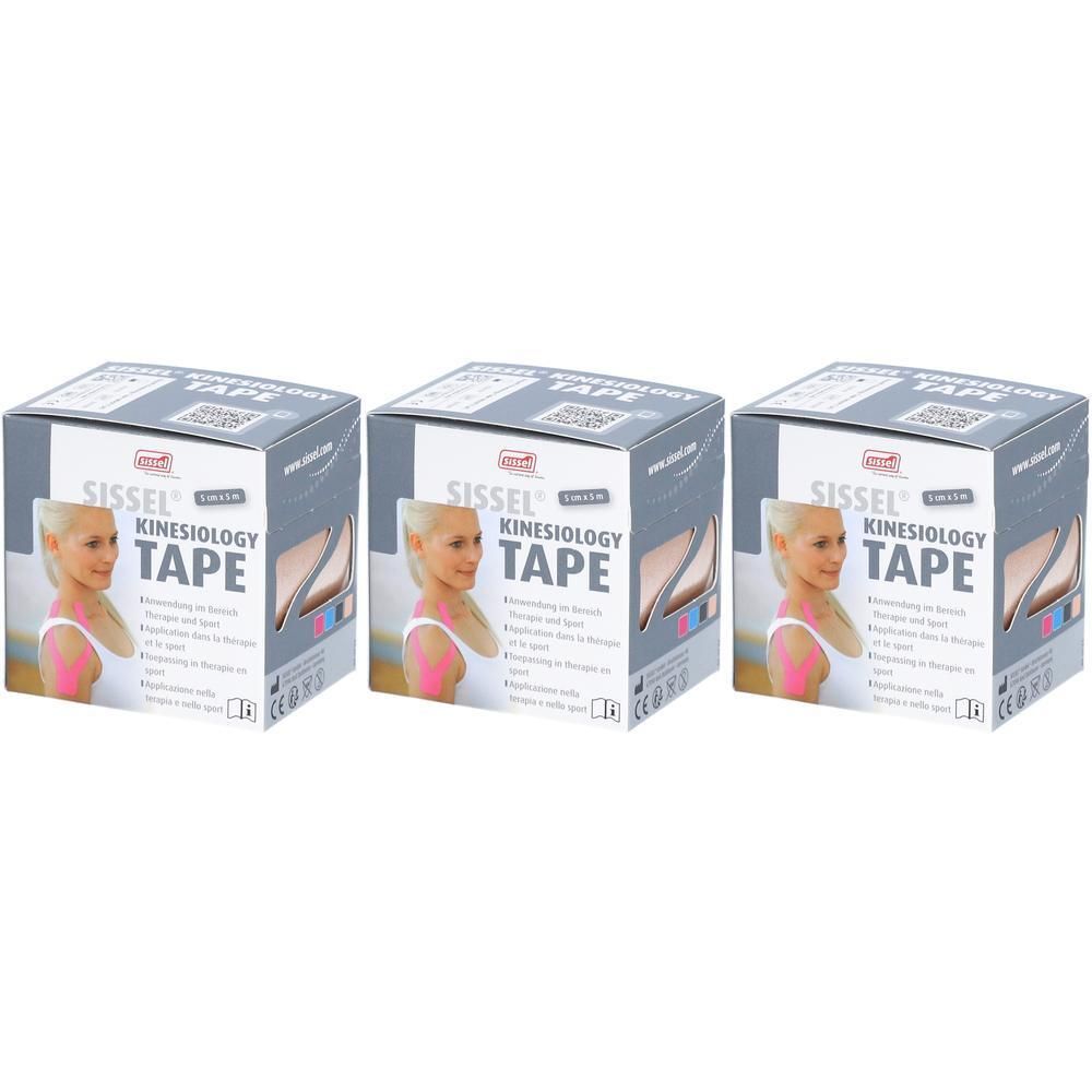 Trois boîtes carrées de Sissel Kinesiology Tape. Impression avec image et texte du produit. Représentation du ruban beige.