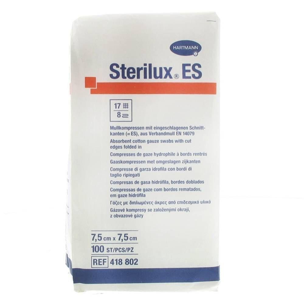 Verpakking met gaaskompressen. Merk Hartmann, Sterilux ES. Afmeting 7,5 x 7,5 cm. 100 stuks. Referentie 418 802.