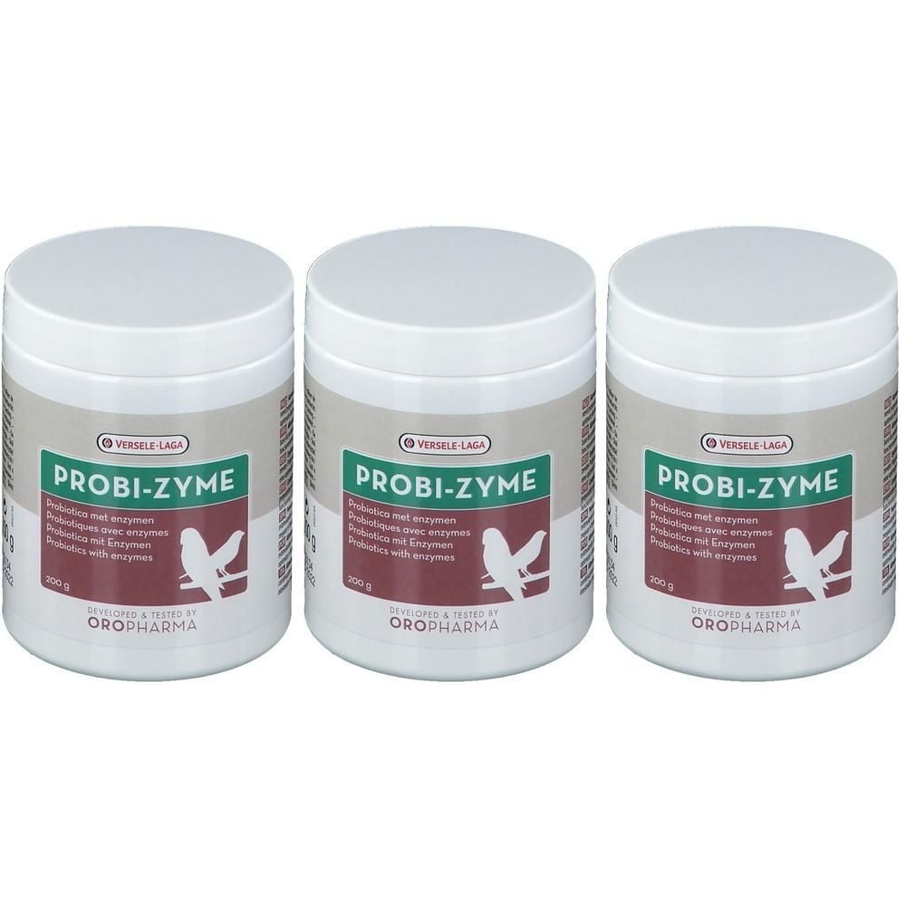 Drie witte potten met deksels. Opschrift PROBI-ZYME, logo en tekst. Merken VERSELE LAGA en OROPHARMA.