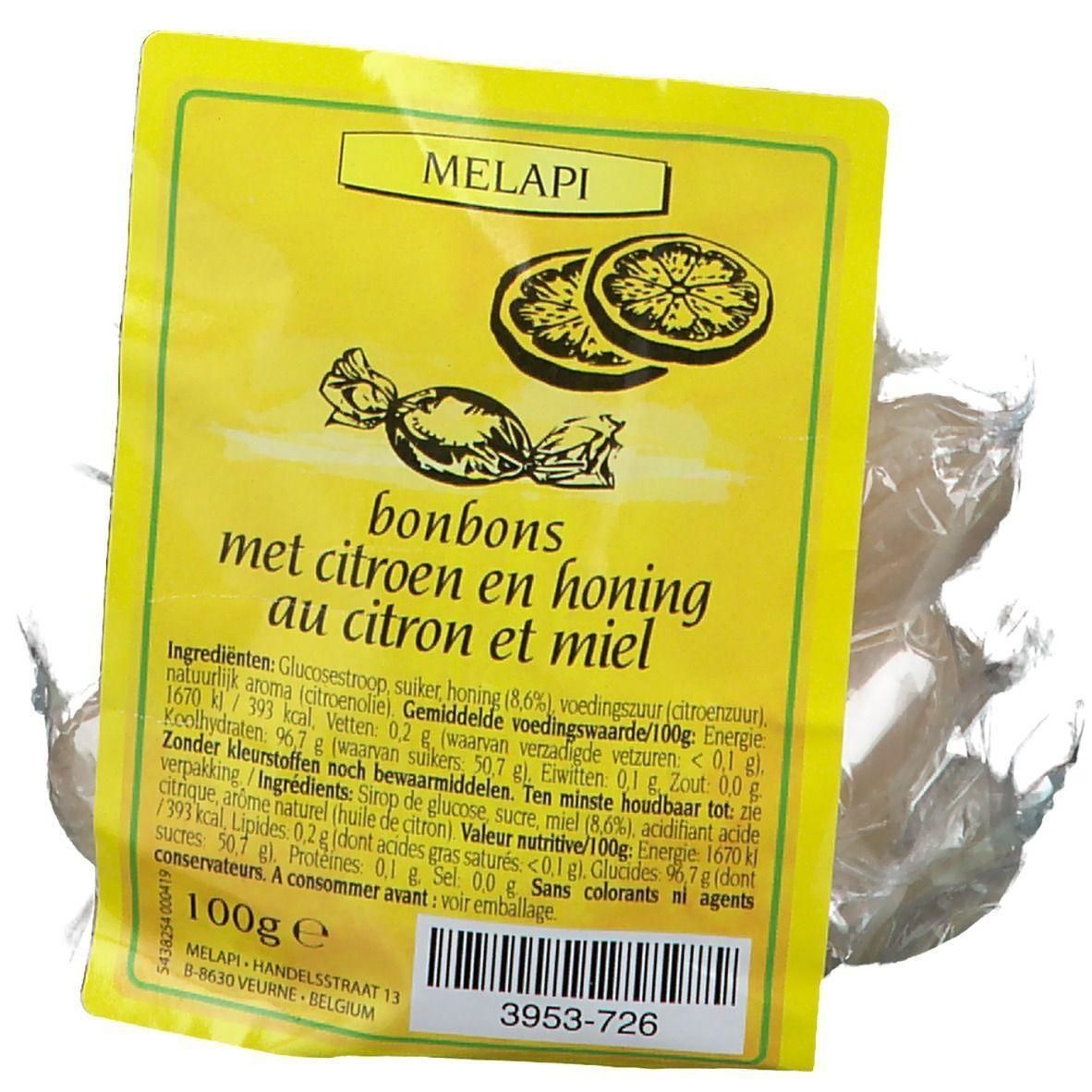 Emballage jaune de bonbons. Inscription : Melapi, bonbons au citron et au miel. Contient des informations nutritionnelles et des ingrédients.