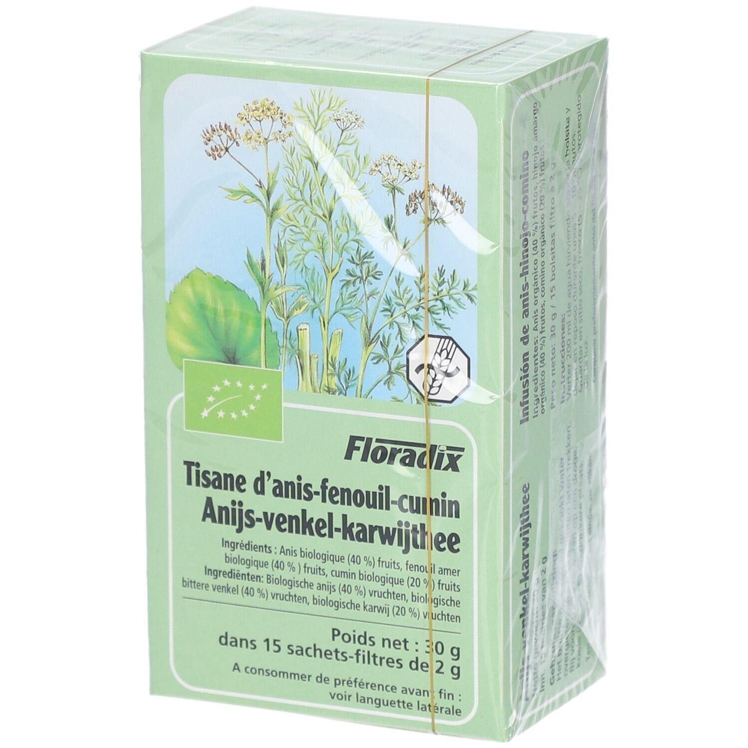 Boîte verte avec illustration de plantes et texte. Inscription: Tisane d'anis-fenouil-cumin, Anijs-venkel-karwijthee. Label bio.