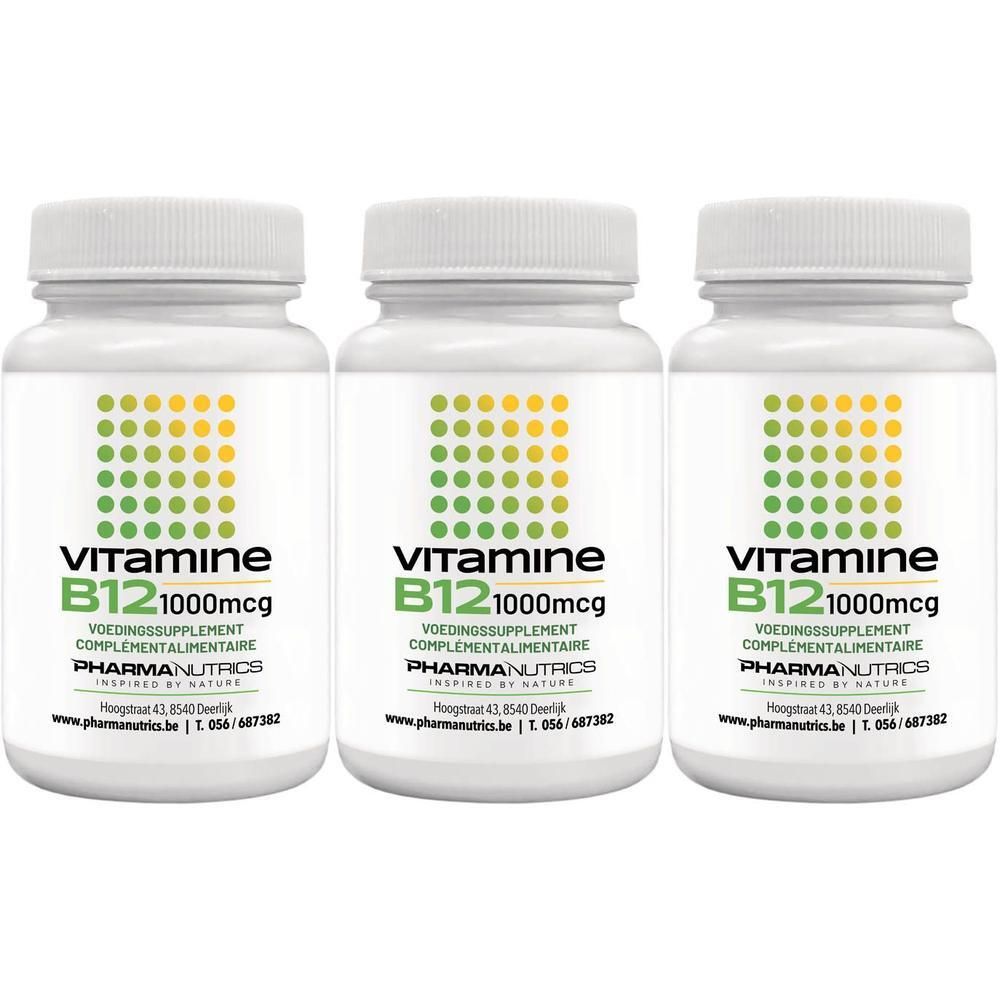 Trois flacons blancs avec bouchons à vis. Chaque flacon porte l'inscription "VITAMINE B12 1000mcg" et le nom de la marque PHARMANUTRICS.