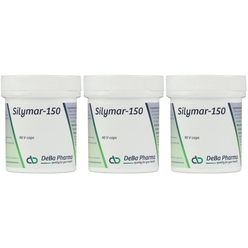 Trois boîtes blanches avec "Silymar-150" et "90 V-caps". Marque : DeBa Pharma.