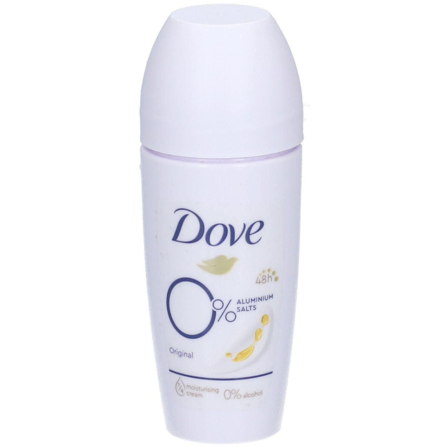 Witte Dove roll-on deodorant. Met opschrift "Dove", "0% aluminiumzouten" en "Original". 
