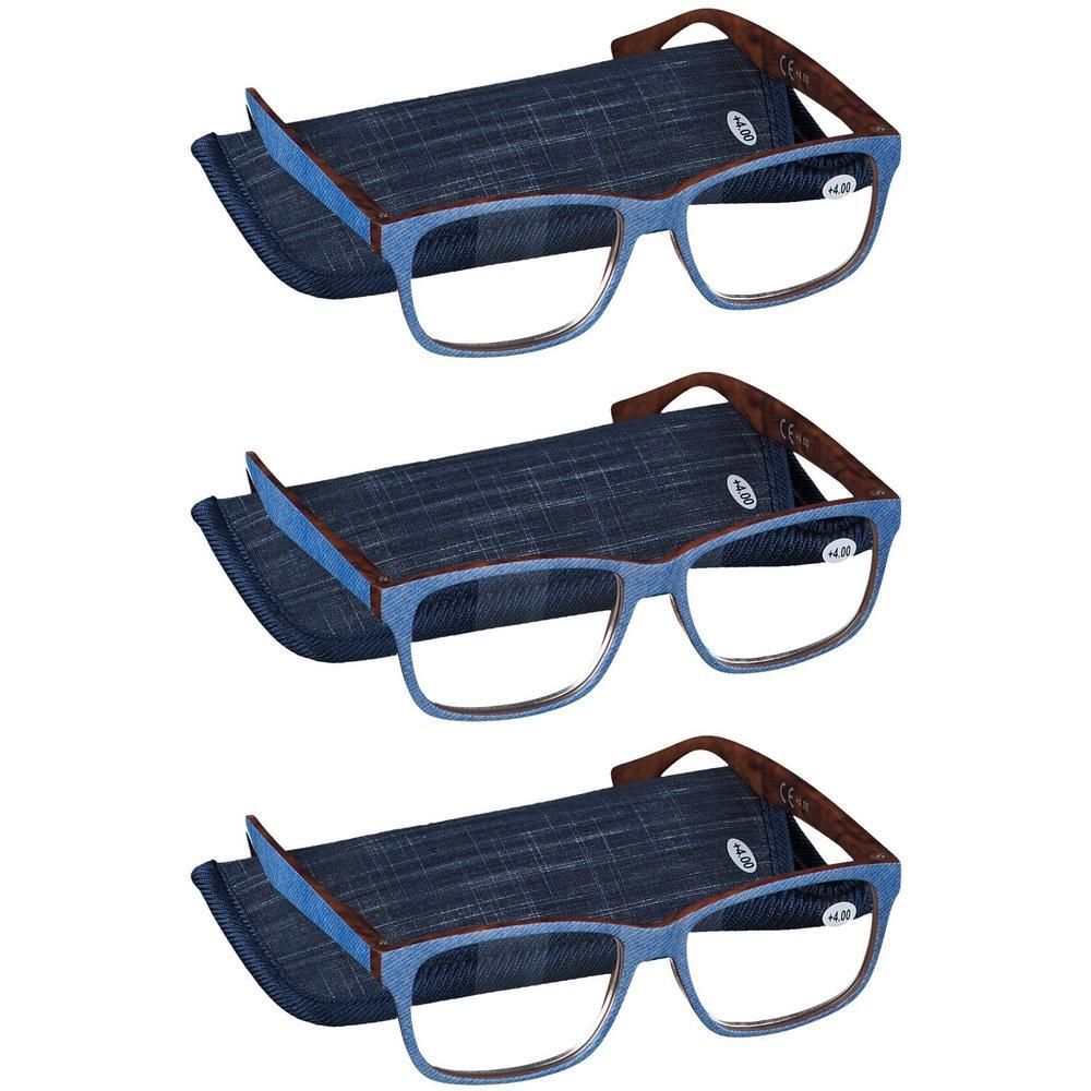Drie brillen met blauwe jeans monturen en bruine pootjes. Elke bril ligt in een etui. Op de glazen staat +4.00.