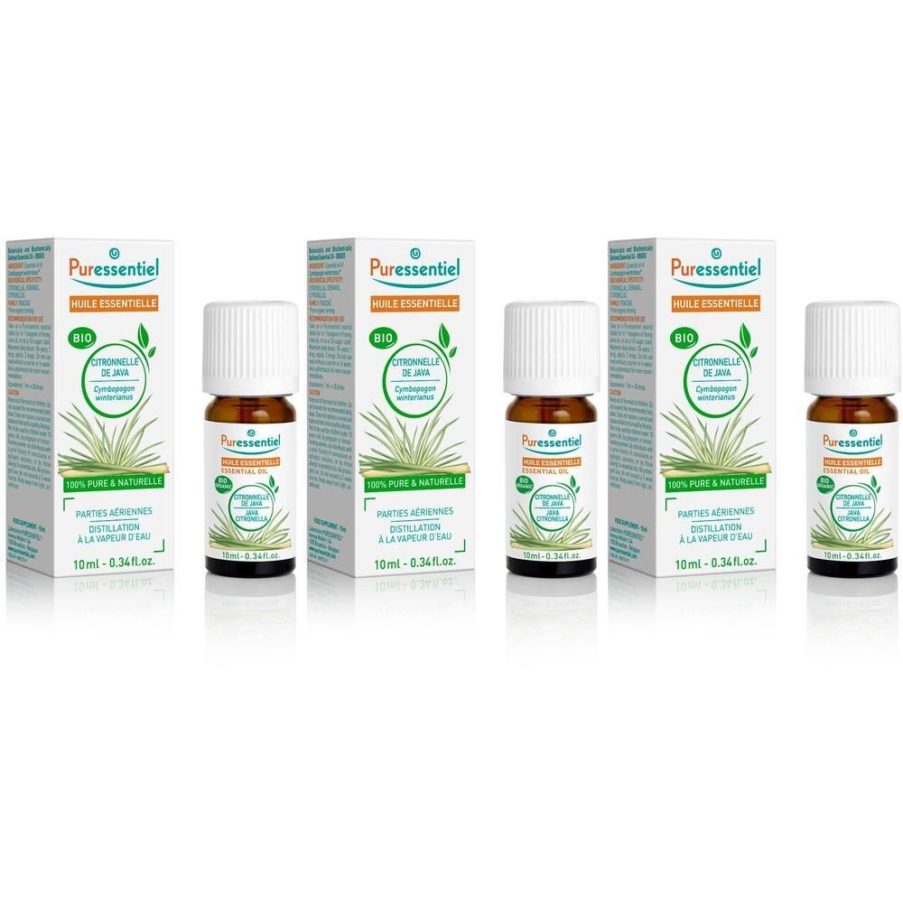 Plusieurs flacons et boîtes. Sur les boîtes, on lit "Puressentiel Huile Essentielles Bio Citronnelle de Java".