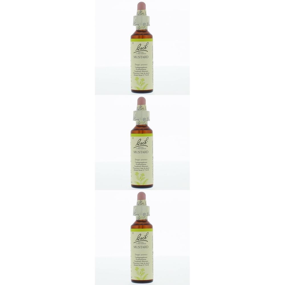 Trois flacons de Bach Flower Remedie Mustard. Flacons en verre brun avec étiquette et bouchon rose.