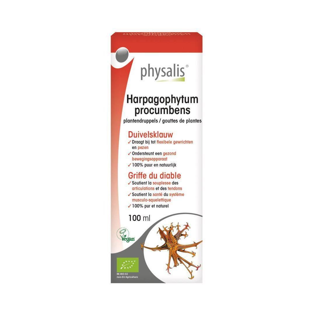 Verpakking met productnaam en logo. Bevat Harpagophytum Procumbens. 100 ml. Bio-certificering en vegan label.
