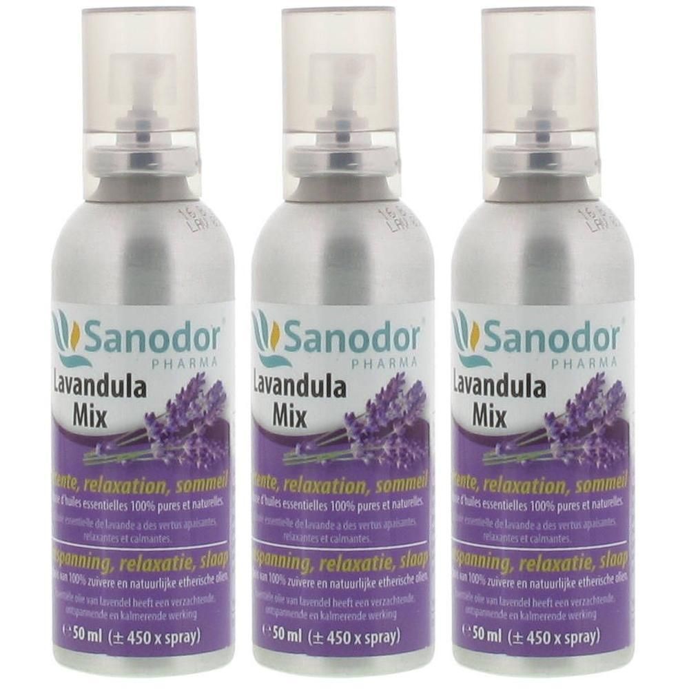 Trois flacons de Sanodor Pharma Lavandula Mix. Bouteilles argentées avec vaporisateur et étiquette violette.